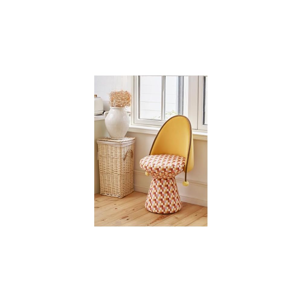 Modern Upholstered Accent Chair with Checkered Seat, Swivel Vanity Chair with Backrest, Yellow Pattern Makeup Chair, Decorative Dining Lounge Chair for Bedroom Living Room