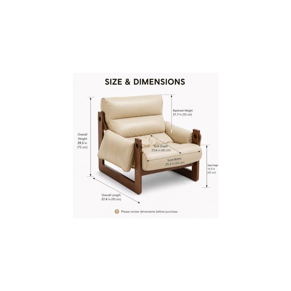 Faux Leather Accent Chair with Wood Frame, Low-Profile Lounge Chair, Beige