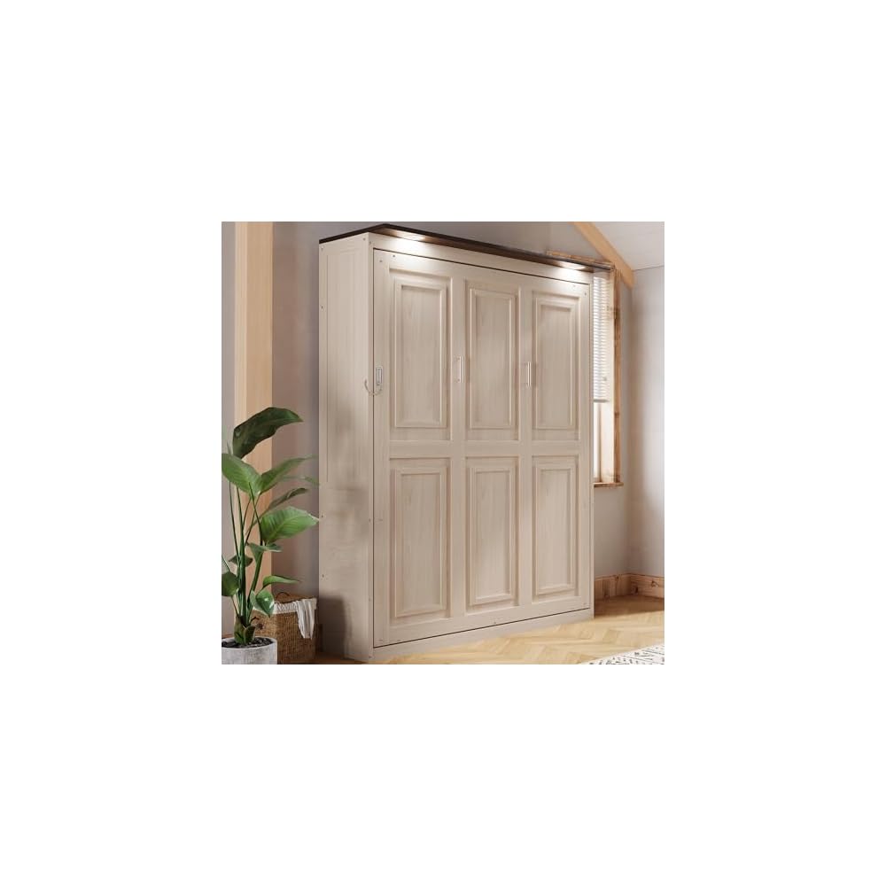 Virubi Queen Farmhouse Murphy Bed with LED, Solid Wood Vertical Murphy Wall Bed Cabinet for Adults for Guest Room (Natural Wood)