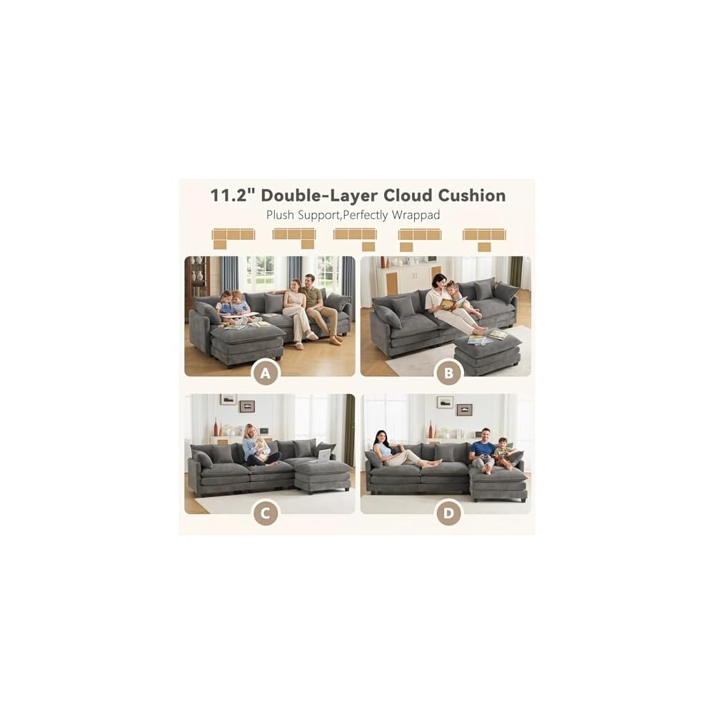 Modular Sectional Cloud Couch with Ottoman, Deep Seat 4-Seat 3 Layer Cushion Modern Chenille Fabric Sofa with Pillow for Living Room, Apartment, Grey