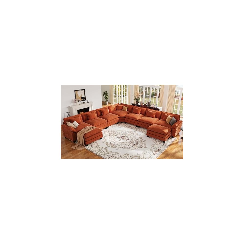 CDCASA 152" Oversized Modular Sectional Sofa with Corner, Comfy V-Shaped Cloud Couch w/ 2 Ottomans, 9-Seater Chenille Deep Seat Modern Sofa Couch for Living Room, DIY Combination, Terracotta Orange