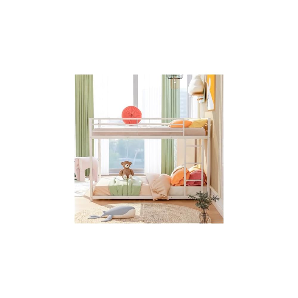 Low Metal Bunk Bed Frame for Kids, Twin-Over-Twin Floor Bunkbed