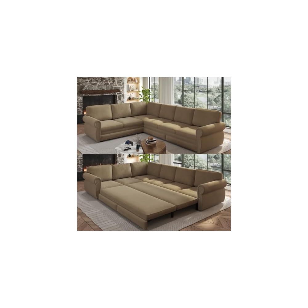 118" Sectional Sleeper Sofa with Pull Out Bed, Comfy Chenille L Shaped Convertible King Size Sleeper Couch with Nailhead Trim, Oversized Modern 6-Seater Couches for Living Room, Camel