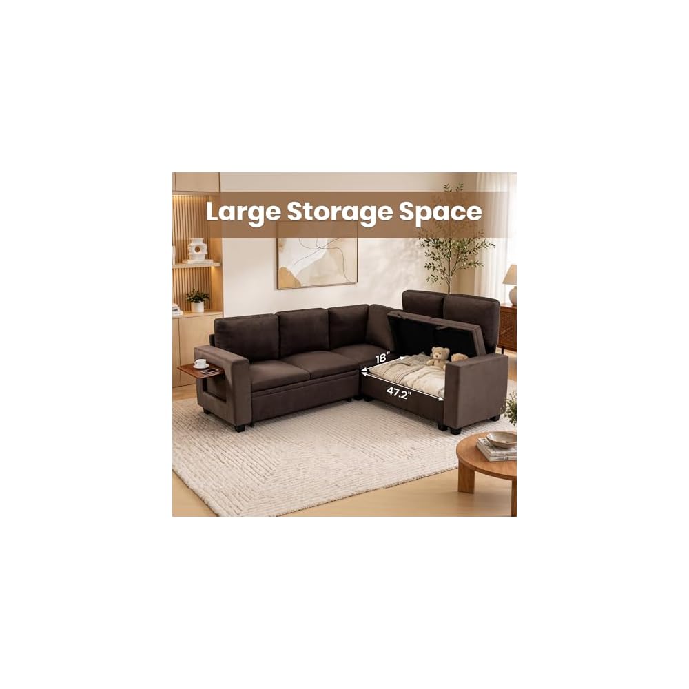 81"L Shaped Sleeper Sofa with Pull Out Bed, Modular Sectional Couch, Brown
