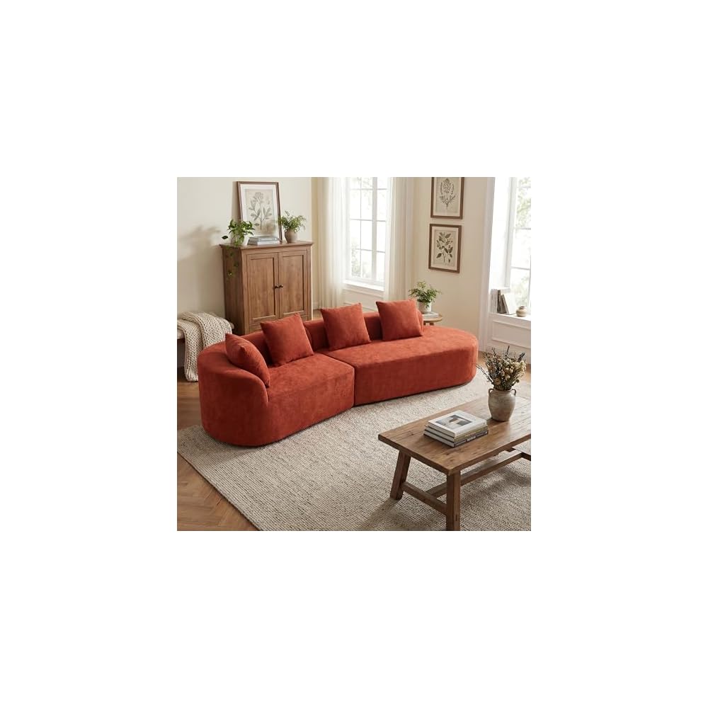 Merax 2-Piece 116" L-Shaped Modular Sectional Sofa Set, 4 Seat Fully Assembled Curved Upholstery Couch with High-Density Compressed Sponge, Chaise Lounge & 4 Pillows for Living Room, Orange