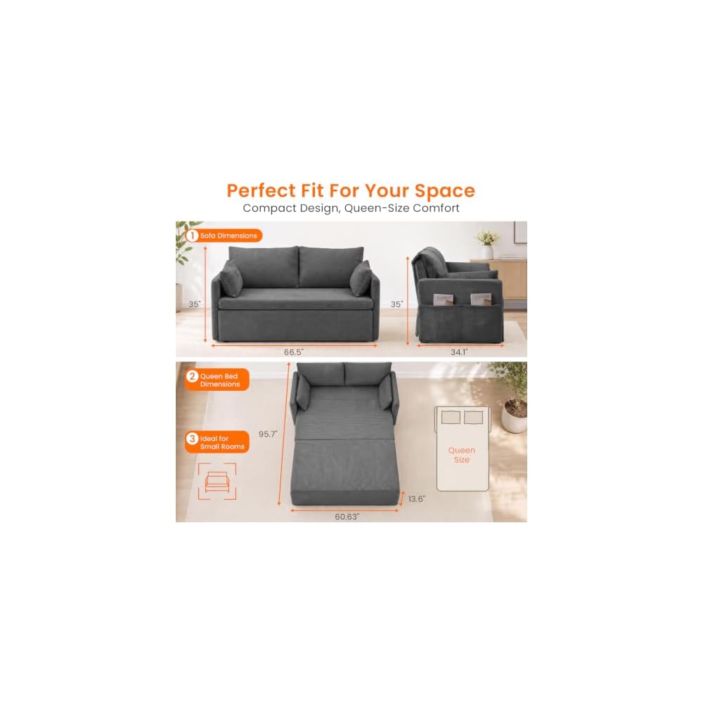 CECER 66.5" Queen Pull Out Couch Bed with Adjustable Backrest-Grey