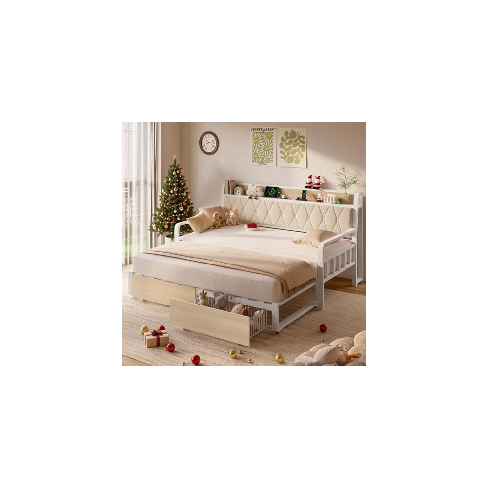 ONBRILL Twin Daybed with Pop up Trundle, Twin to King Daybed, White