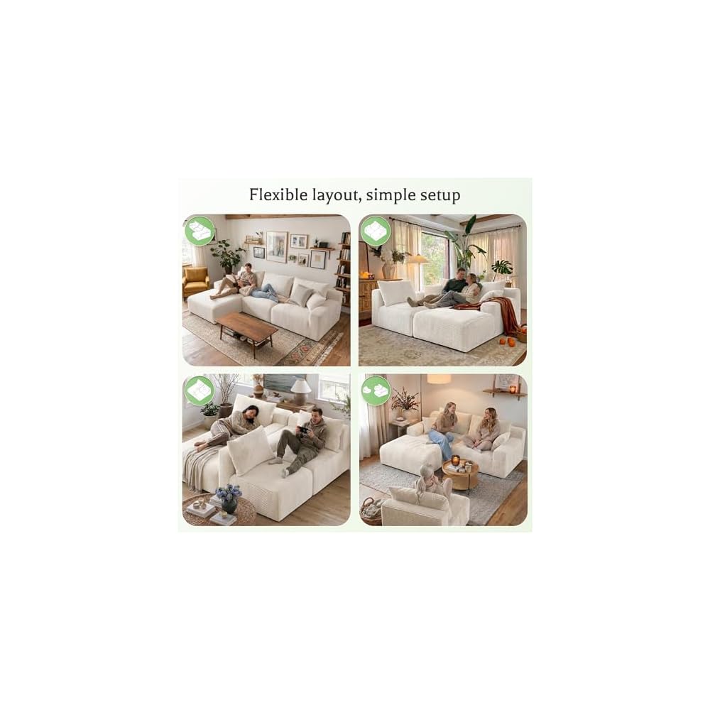 Homkdom 97" L-Shaped Cloud Corduroy Sofa with Left Chaise, Modular Sectional Couch, Flexible Combination Couches for Living Room, Bedroom, No Assembly Required (White)