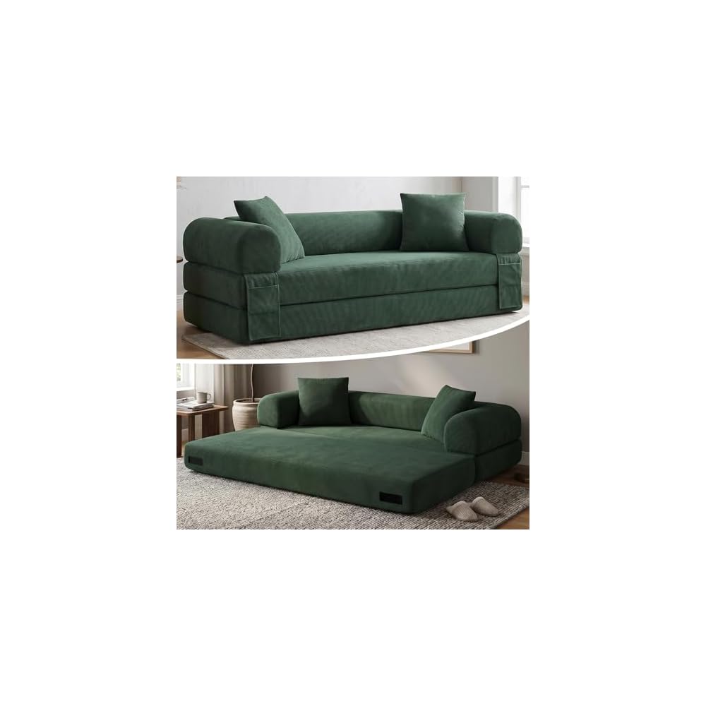 80” Convertible Sofa Bed, 3-in-1 Boneless Couch Bed with Deep Seat, Side Storage Pockets & 2 Pillows, Green Foldable Floor Couch for Living Room Apartment, 600 LBS Capacity (Dark Green)