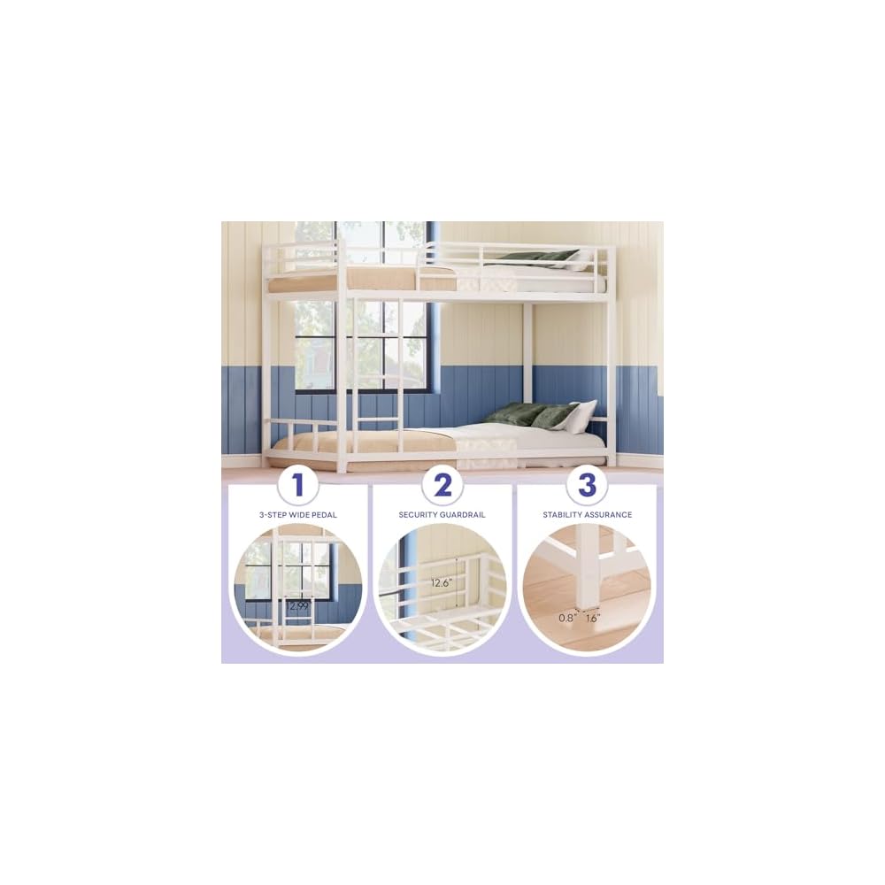 Low Metal Bunk Bed Frame for Kids, Twin-Over-Twin Floor Bunkbed