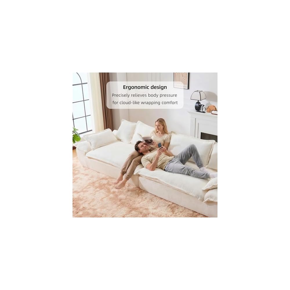 138" Modular Cloud Couch, Sectional Couch with Deep Seats, Wide Armrests and Multiple Pillows, Boneless Couches Sofas Loveseat for Bedroom/Living Room/Apartment/Office (White)
