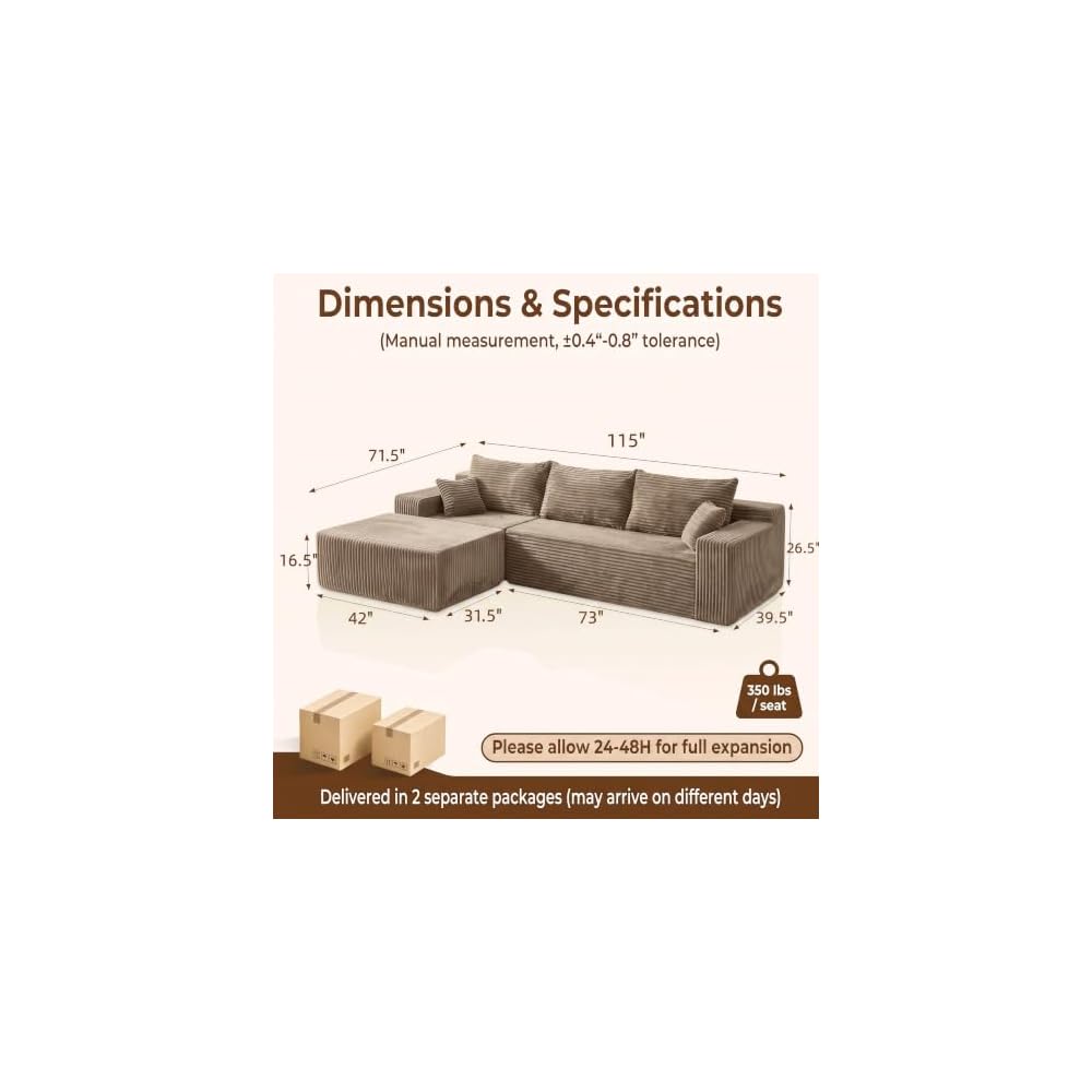 115" L-Shaped Modular Sectional Sofa with Chaise, 3-Piece Corduroy Deep-Seat Couch, Flexible Modular Design, No Assembly Required. (Khaki)