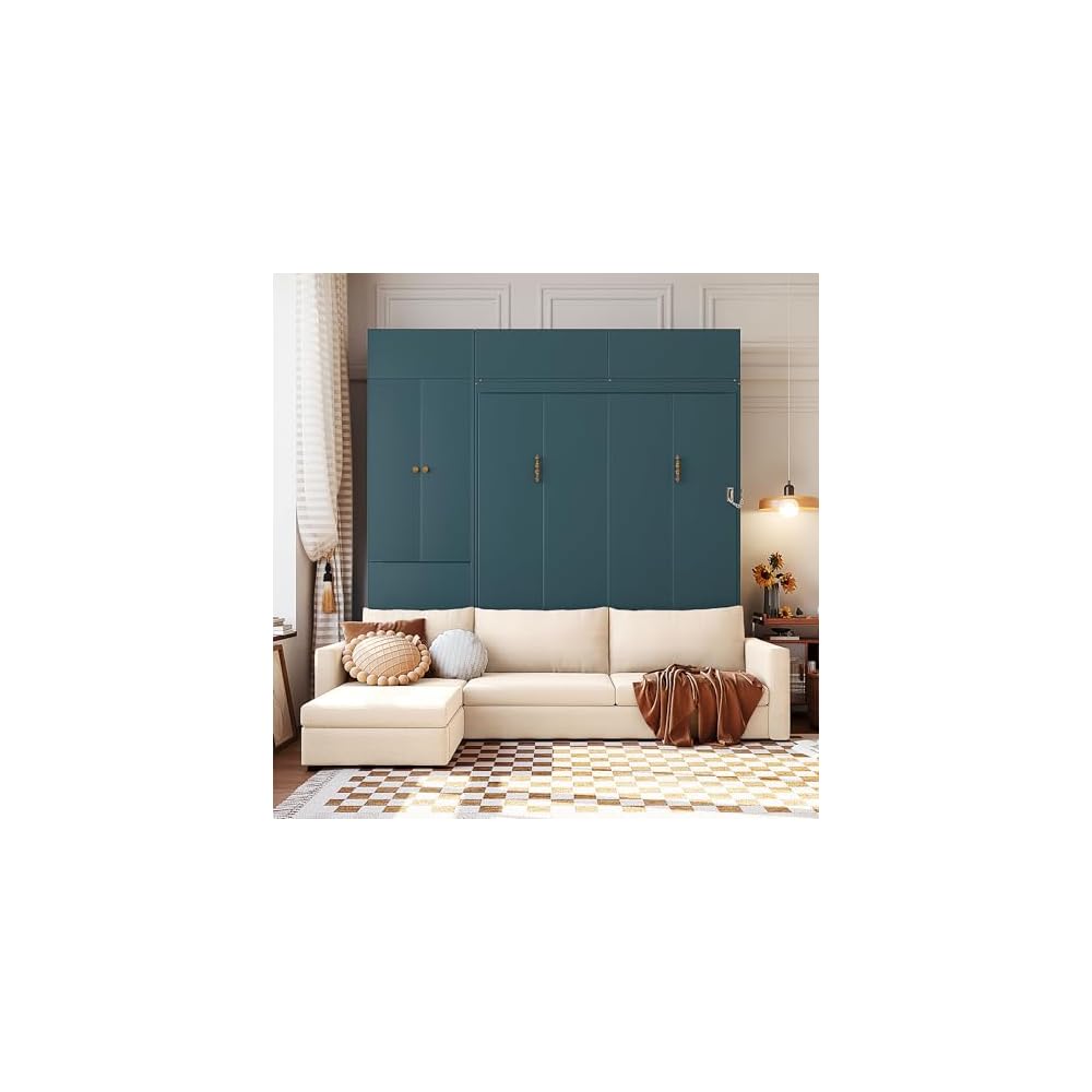 DNYN Queen Size Murphy Bed with Cabinet and Sofa Design for Bedroom/Guest Room, Space-Saving Foldable Wall Bed Frame with Multi-Layer Shelves, No Box Spring Needed