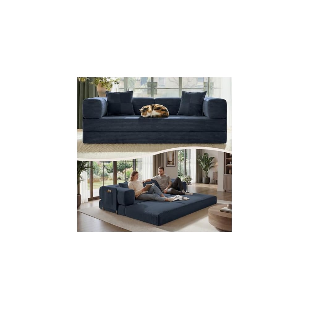 Belhome 78.8" Convertible Sofa Bed, Corduroy Futon Sofa Bed with Storage Pocket, Modular Couch Without Assembly, Boneless Couch for Living Rooms, Navy