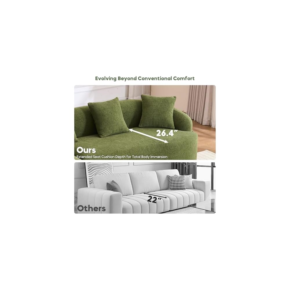 99" Curved Sectional Sofa with Chaise, Modern Luxury Chenille Cloud Couch for Living Room, Heavy Duty Oversized Deep Seat 3-Seater, 700lbs/Seat Weight Capacity, No Assembly, Antique Green