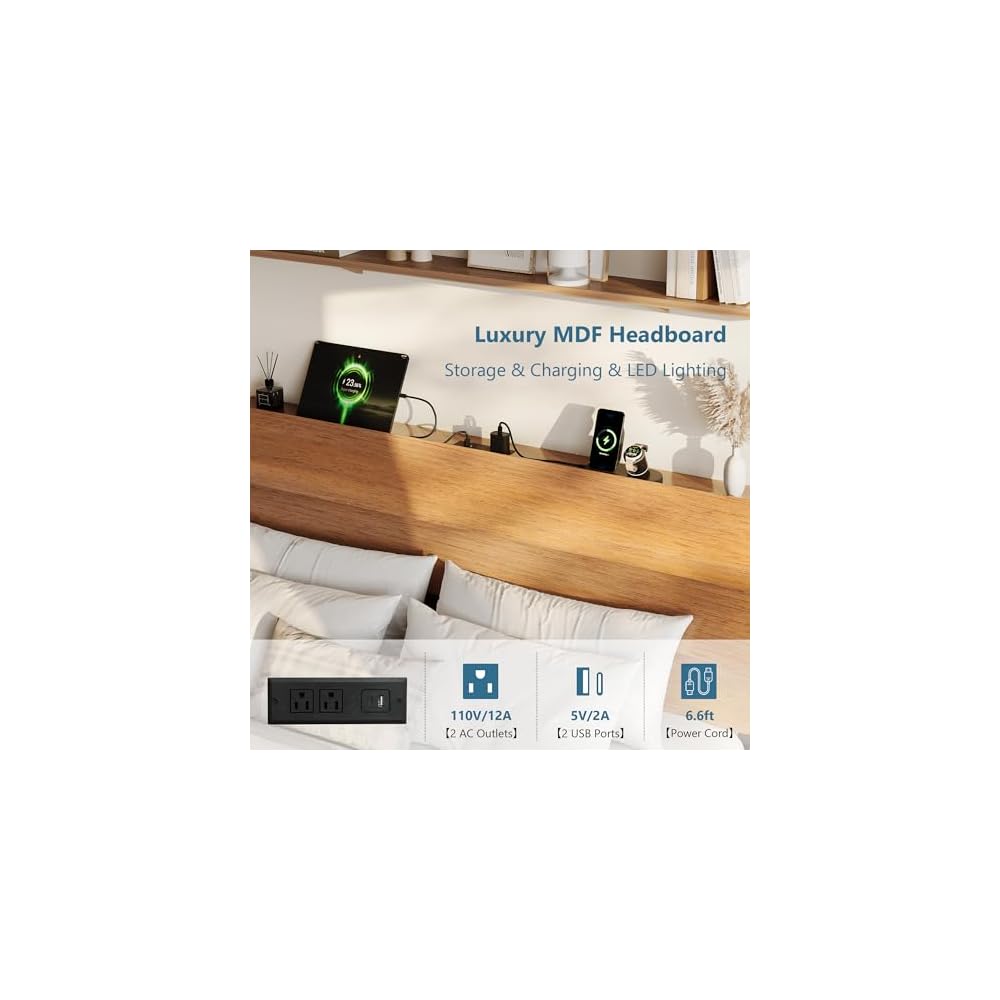 Queen Floating Bed Frame with LED Lights, Wood Platform Bed with Storage Headboard & Charging Station, Metal Support, No Box Spring Needed, Noise-Free, Easy Assembly, Walnut