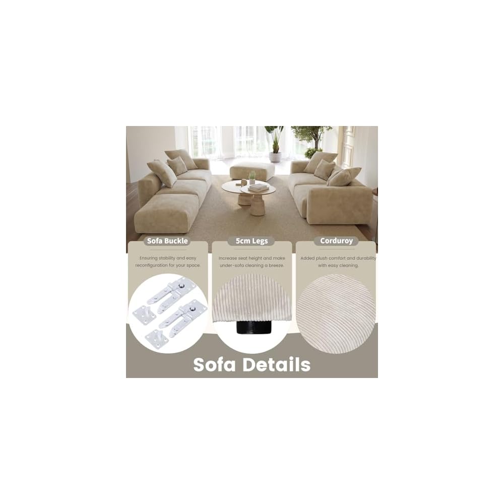 WJShome Cloud Couch Modular Sectional Sofa,141.73inch L Shaped Couch,Oversized Corduroy Couches with Ottoman and Pillows, Beige 4 Seaters Cushion Covers Removable& Washable