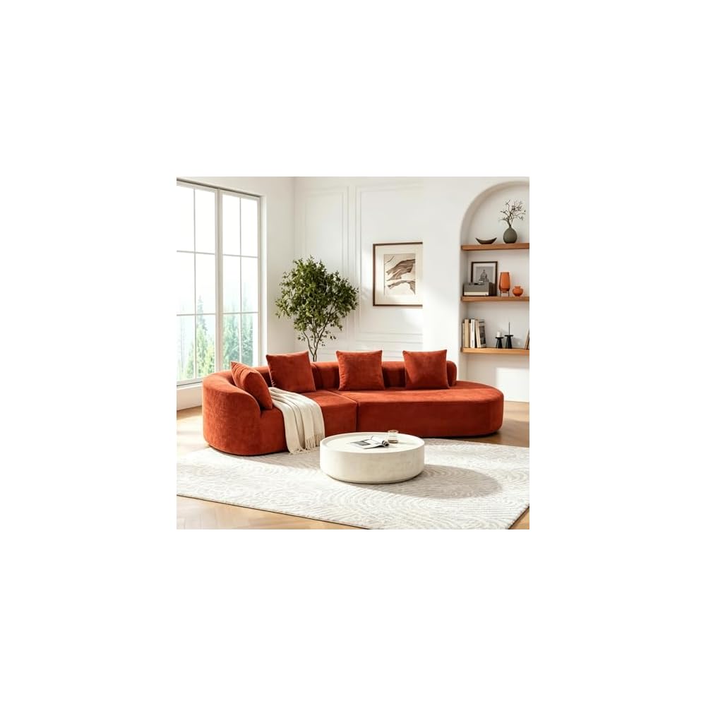 Merax 2-Piece 116" L-Shaped Modular Sectional Sofa Set, 4 Seat Fully Assembled Curved Upholstery Couch with High-Density Compressed Sponge, Chaise Lounge & 4 Pillows for Living Room, Orange