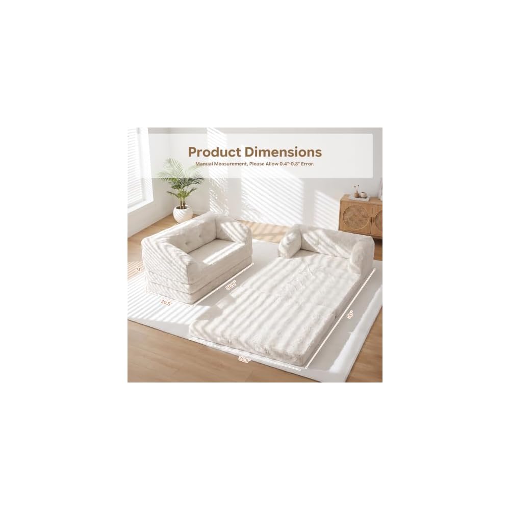 Boneless Loveseat Futon Sofa Bed,Small Boneless Couch with Pull Out Handle,Convertible Sleeper Chair Folding Floor Couch for Living Room, Guest Room,Bedroom,Beige