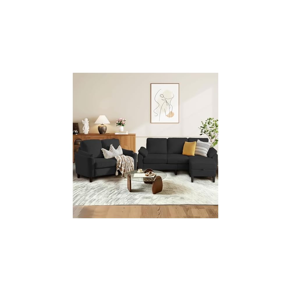 79.72" 3 Piece Corduroy Sofa Set with Storage Ottoman & Loveseat, L Shaped Sectional Couch with Side Pockets, Convertible Living Room Furniture Set for Small Space