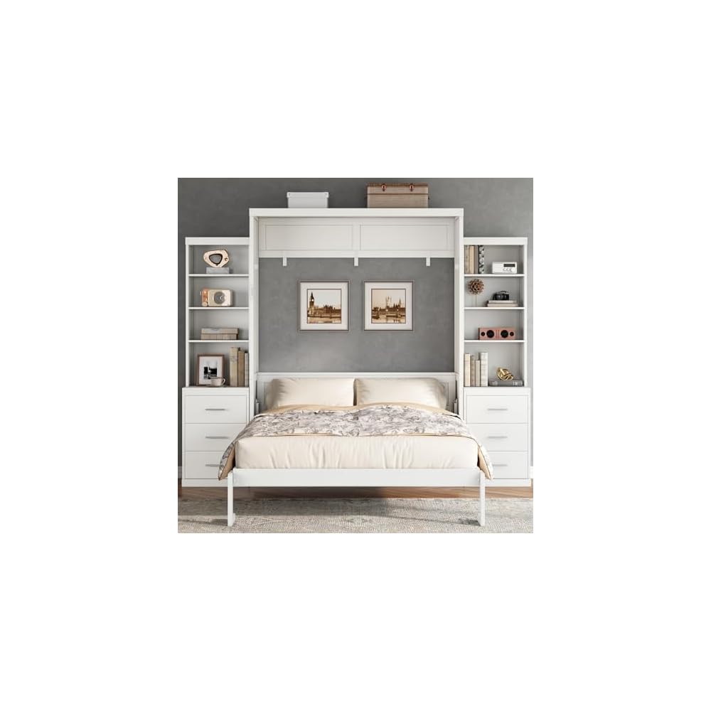 MERITLINE Full Murphy Bed with Storage Shelves and Drawers, Solid Wood Foldable Hidden Murphy Wall Bed with Storage Bookcase for Adults, Library,Guest Room,Bedroom,Office (Full,White w/ 6 Drawers)