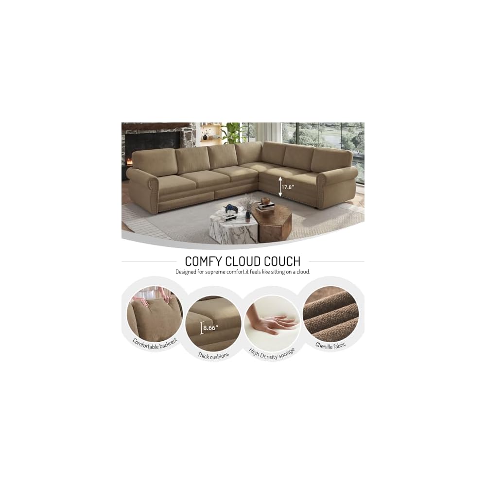118" Sectional Sleeper Sofa with Pull Out Bed, Comfy Chenille L Shaped Convertible King Size Sleeper Couch with Nailhead Trim, Oversized Modern 6-Seater Couches for Living Room, Camel