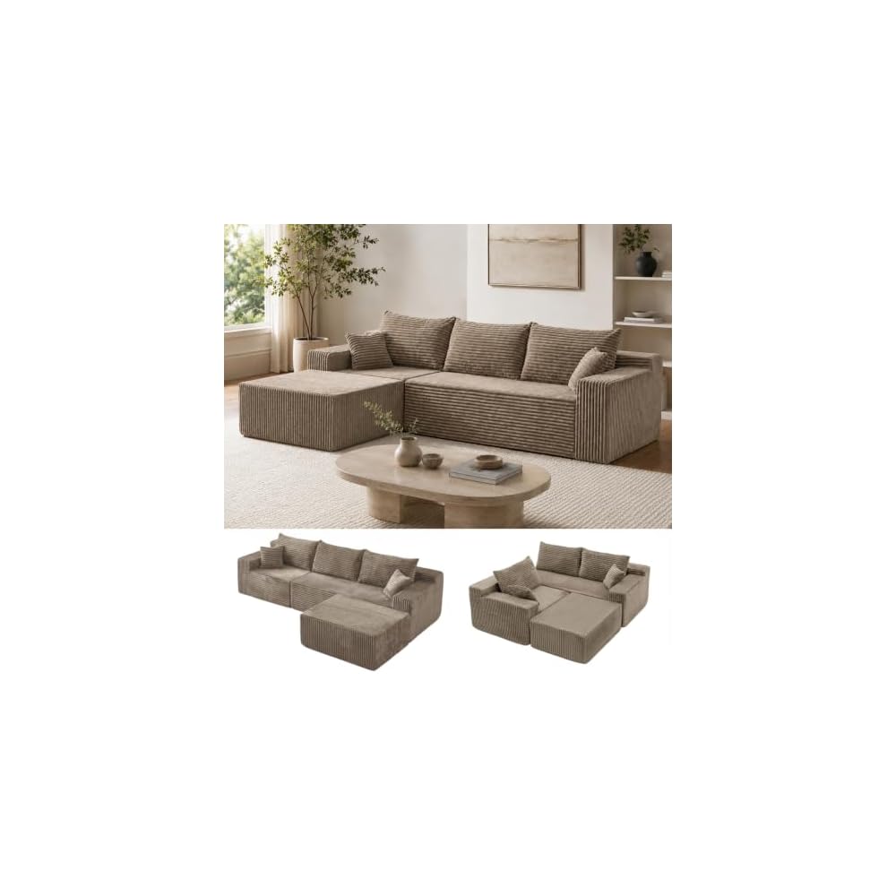 115" L-Shaped Modular Sectional Sofa with Chaise, 3-Piece Corduroy Deep-Seat Couch, Flexible Modular Design, No Assembly Required. (Khaki)