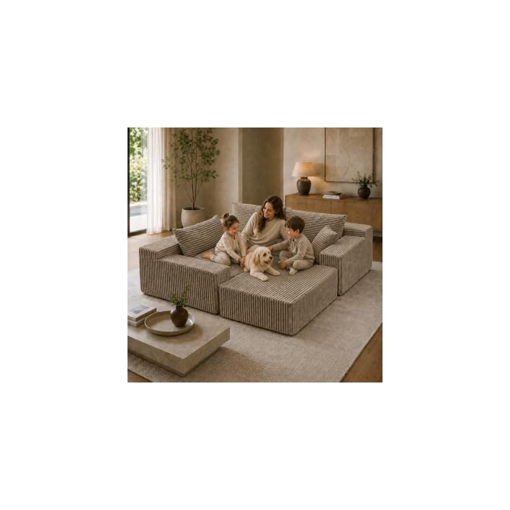 115" L-Shaped Modular Sectional Sofa with Chaise, 3-Piece Corduroy Deep-Seat Couch, Flexible Modular Design, No Assembly Required. (Khaki)