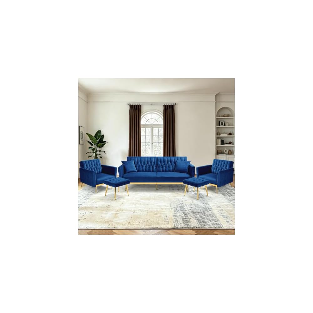 3 Pieces Velvet Sofa Set w/Adjustable Armrest &Backrest,Blue