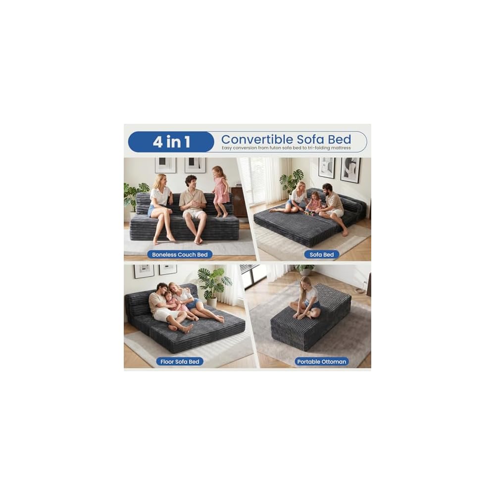 Erament Tri-Fold Futon Sofa Bed, 6 Inch Foldable Floor Couch, High-Density Foam Convertible Sleeper Sofa with Removable Washable Corduroy Cover, Portable Floor Mattress for Living Room