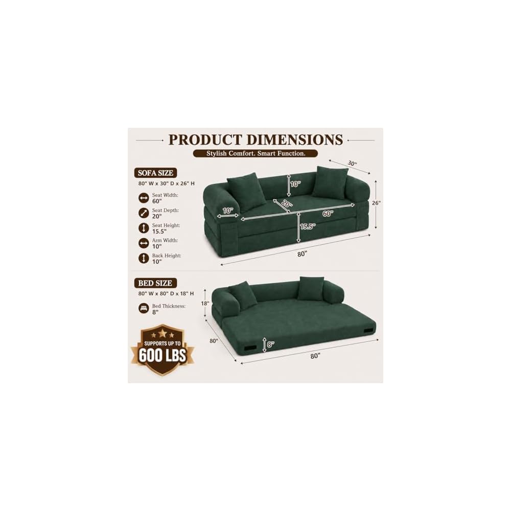 80” Convertible Sofa Bed, 3-in-1 Boneless Couch Bed with Deep Seat, Side Storage Pockets & 2 Pillows, Green Foldable Floor Couch for Living Room Apartment, 600 LBS Capacity (Dark Green)