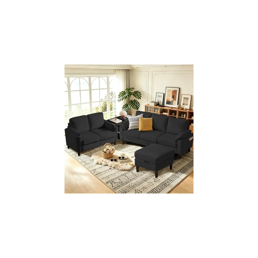 79.72" 3 Piece Corduroy Sofa Set with Storage Ottoman & Loveseat, L Shaped Sectional Couch with Side Pockets, Convertible Living Room Furniture Set for Small Space