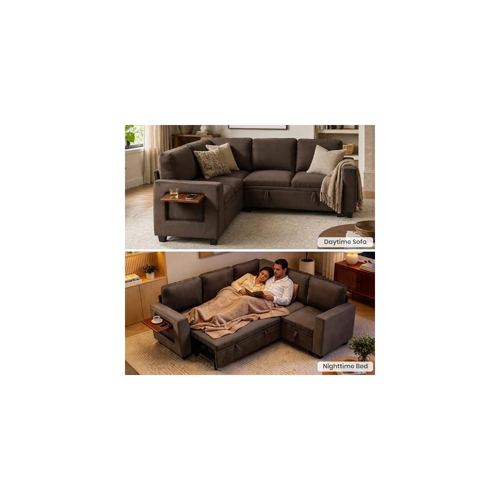 81"L Shaped Sleeper Sofa with Pull Out Bed, Modular Sectional Couch, Brown