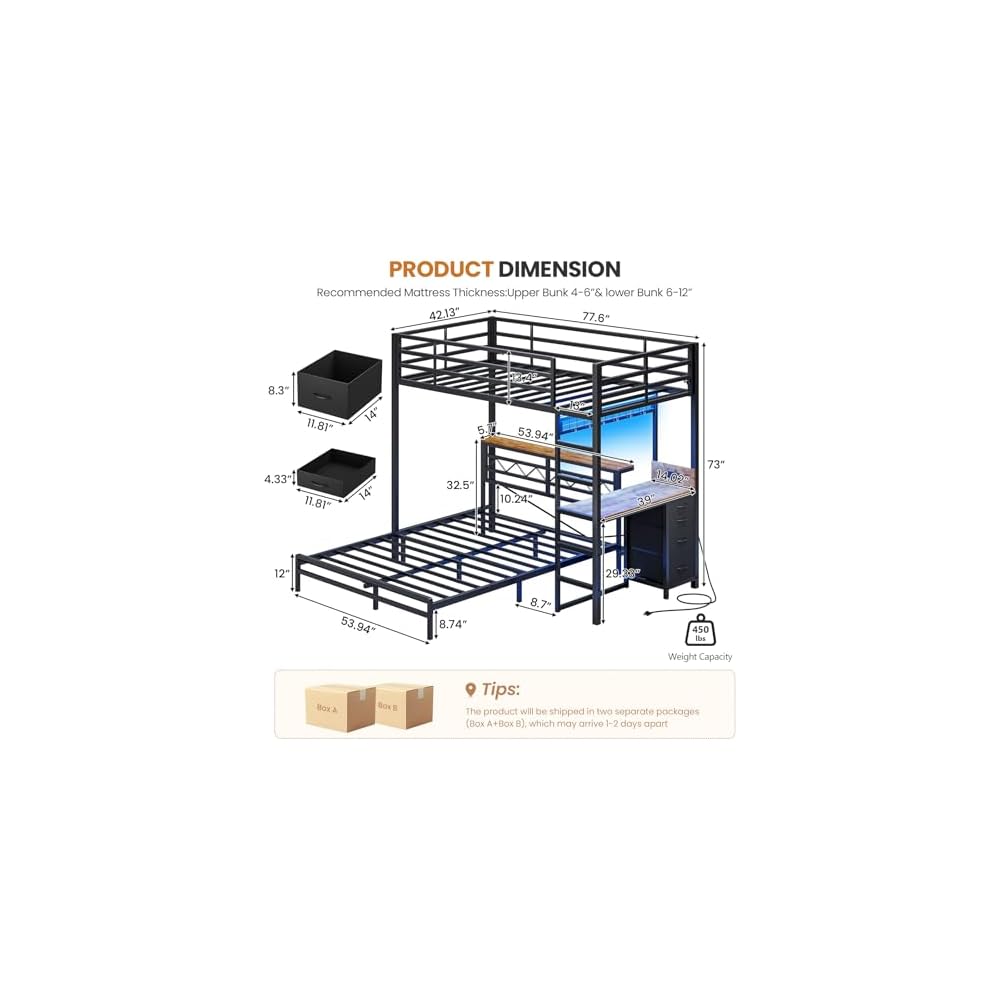 DICTAC Twin Over Full Bunk Bed with Desk and Charging Station, Black