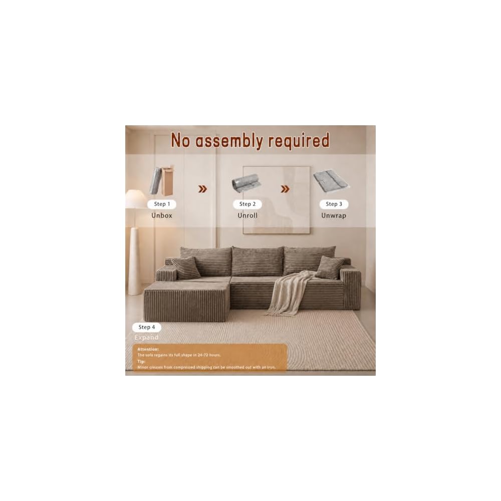 115" L-Shaped Modular Sectional Sofa with Chaise, 3-Piece Corduroy Deep-Seat Couch, Flexible Modular Design, No Assembly Required. (Khaki)