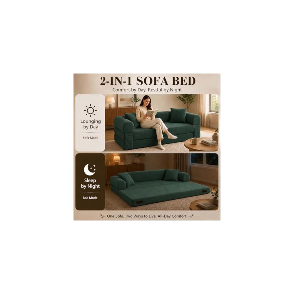80” Convertible Sofa Bed, 3-in-1 Boneless Couch Bed with Deep Seat, Side Storage Pockets & 2 Pillows, Green Foldable Floor Couch for Living Room Apartment, 600 LBS Capacity (Dark Green)