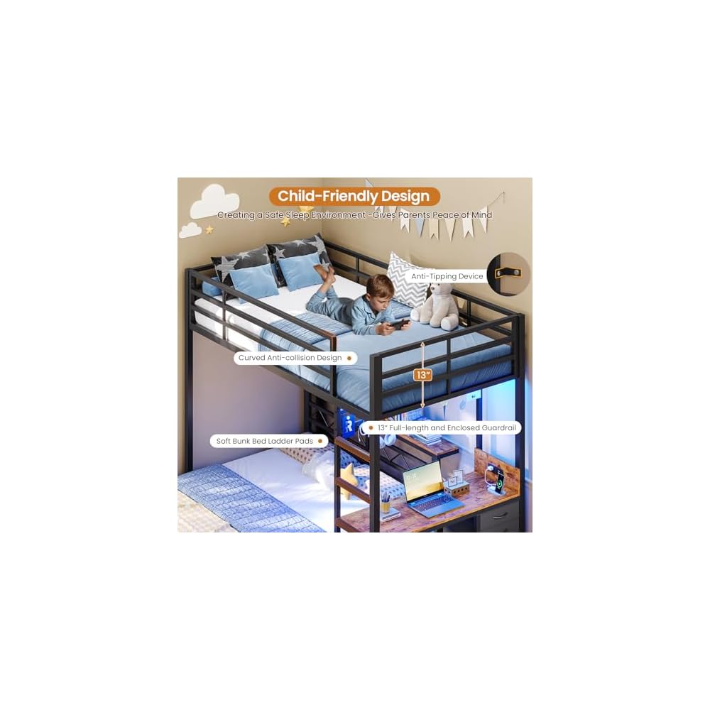 DICTAC Twin Over Full Bunk Bed with Desk and Charging Station, Black