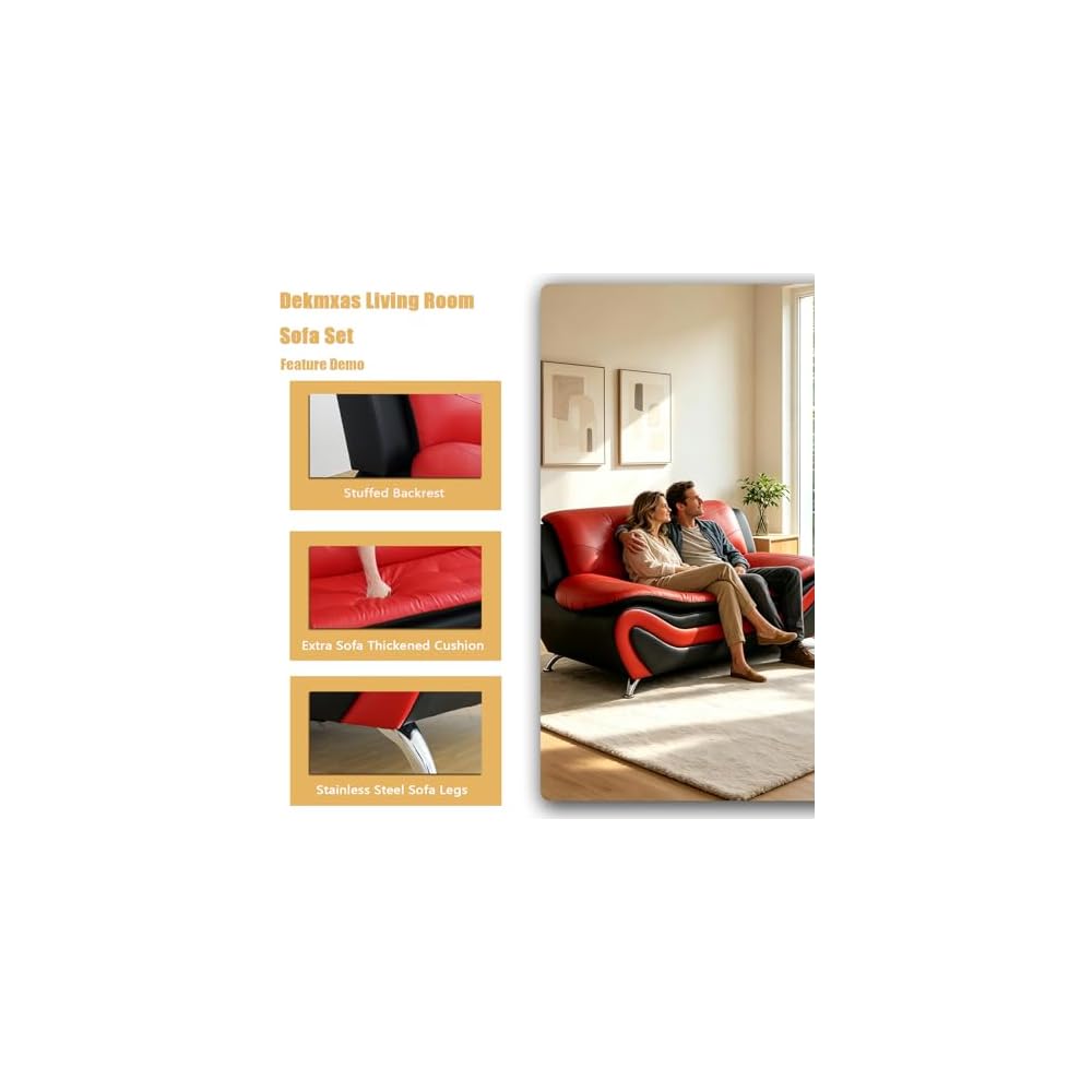 Living Room Furniture Set, 2-Piece Modern Black&Red Faux Leather Couches for Home, Living Room Sofa Sets, Loveseat and Chair with Metal Feet, Couch Set for RV Car, Hotel, Office