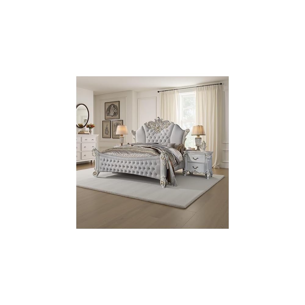 Antoine King Size Bed, Ivory Faux Leather Victorian Carved Pearl White