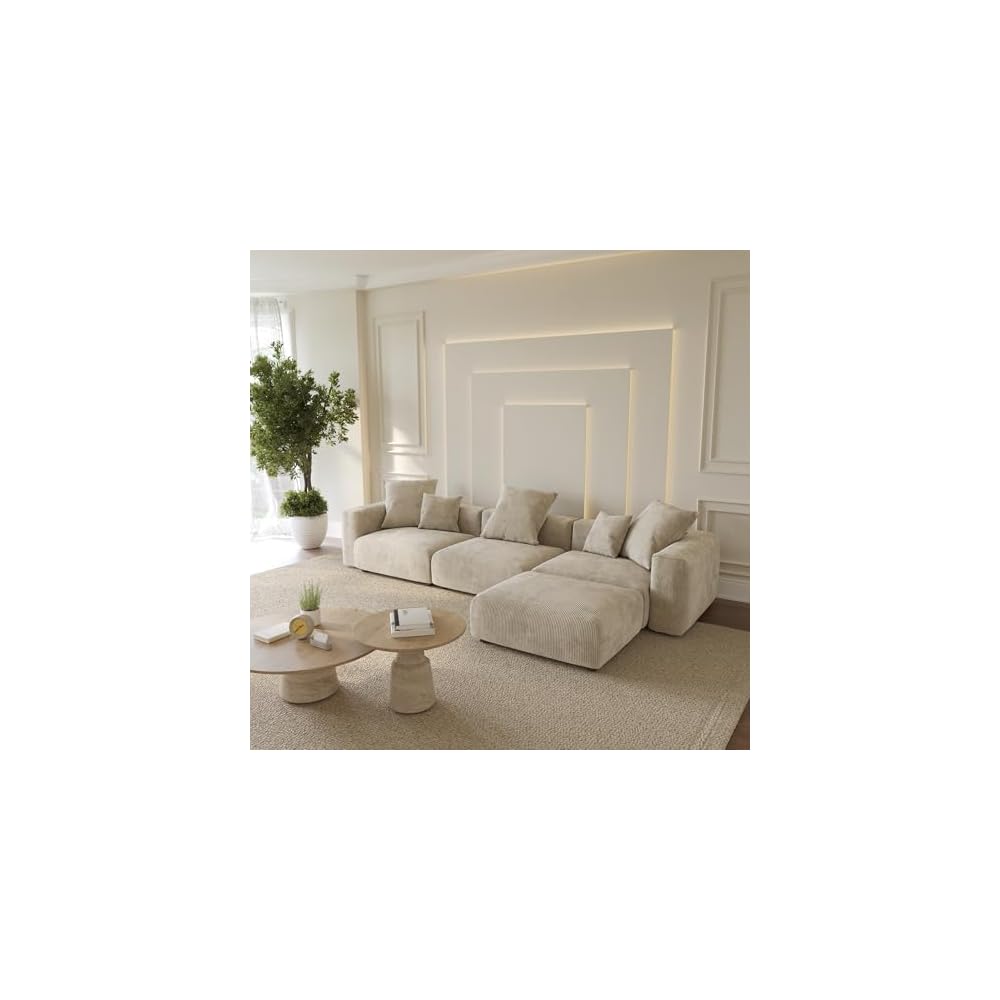 WJShome Cloud Couch Modular Sectional Sofa,141.73inch L Shaped Couch,Oversized Corduroy Couches with Ottoman and Pillows, Beige 4 Seaters Cushion Covers Removable& Washable