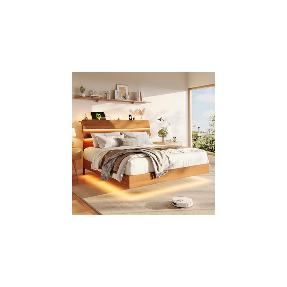 Queen Floating Bed Frame with LED Lights, Wood Platform Bed with Storage Headboard & Charging Station, Metal Support, No Box Spring Needed, Noise-Free, Easy Assembly, Walnut