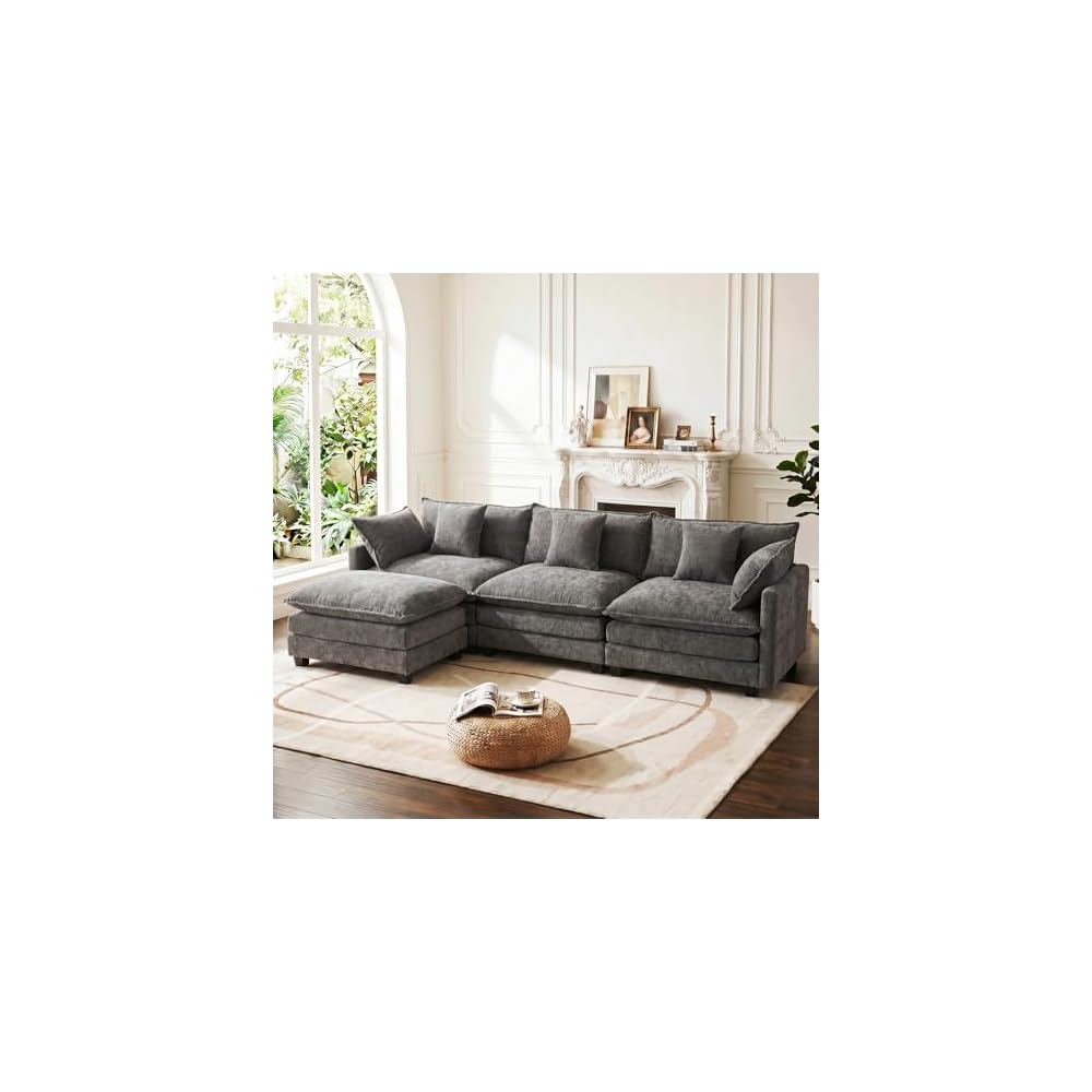 Modular Sectional Cloud Couch with Ottoman, Deep Seat 4-Seat 3 Layer Cushion Modern Chenille Fabric Sofa with Pillow for Living Room, Apartment, Grey