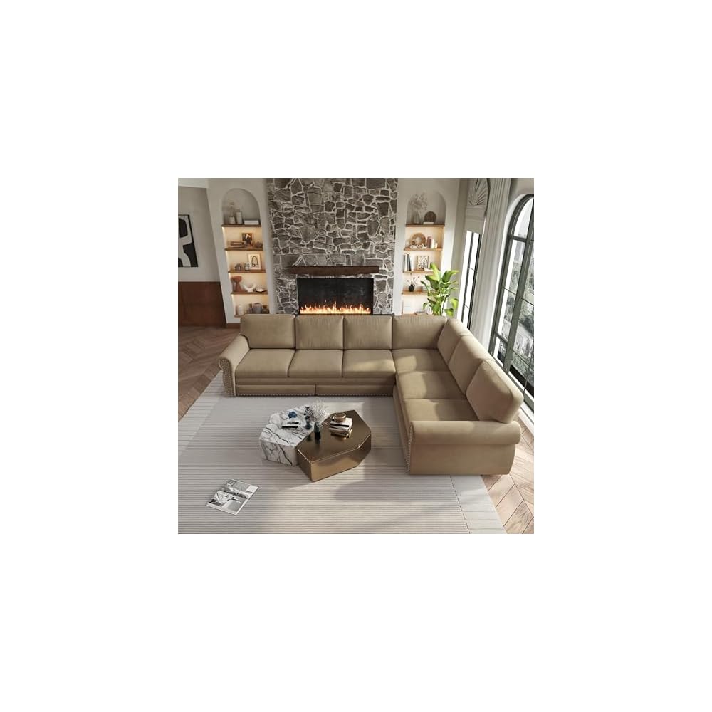 118" Sectional Sleeper Sofa with Pull Out Bed, Comfy Chenille L Shaped Convertible King Size Sleeper Couch with Nailhead Trim, Oversized Modern 6-Seater Couches for Living Room, Camel
