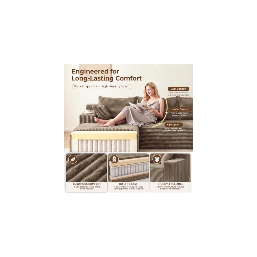 115" L-Shaped Modular Sectional Sofa with Chaise, 3-Piece Corduroy Deep-Seat Couch, Flexible Modular Design, No Assembly Required. (Khaki)