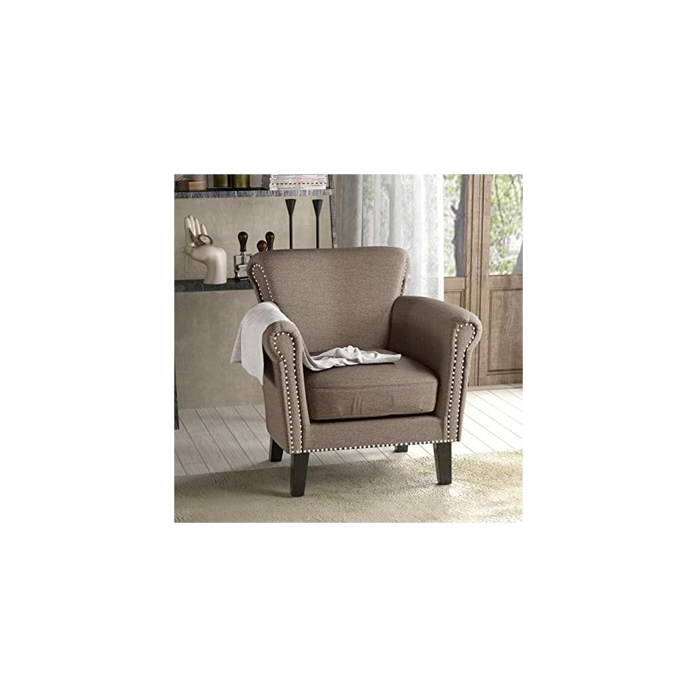 Christopher Knight Home Brice Vintage Scroll Arm Studded Fabric Club Chair, Light Coffee / Dark Brown, 31D x 29.5W x 31.5H in