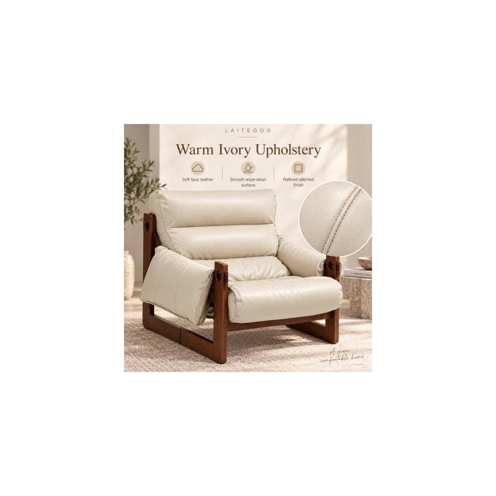 Faux Leather Accent Chair with Wood Frame, Low-Profile Lounge Chair, Beige