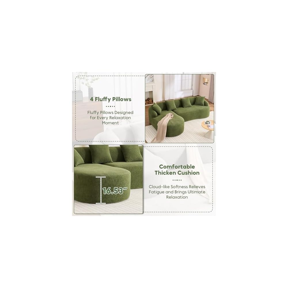 99" Curved Sectional Sofa with Chaise, Modern Luxury Chenille Cloud Couch for Living Room, Heavy Duty Oversized Deep Seat 3-Seater, 700lbs/Seat Weight Capacity, No Assembly, Antique Green