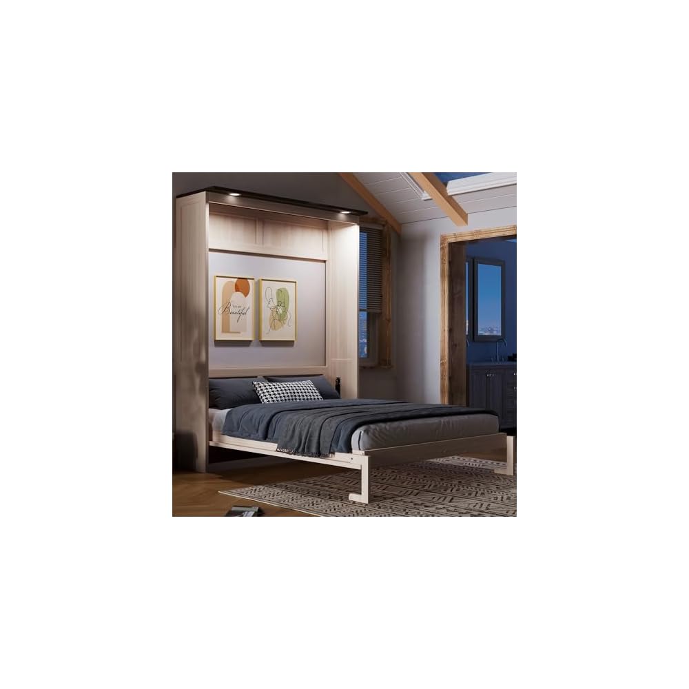 Virubi Queen Farmhouse Murphy Bed with LED, Solid Wood Vertical Murphy Wall Bed Cabinet for Adults for Guest Room (Natural Wood)