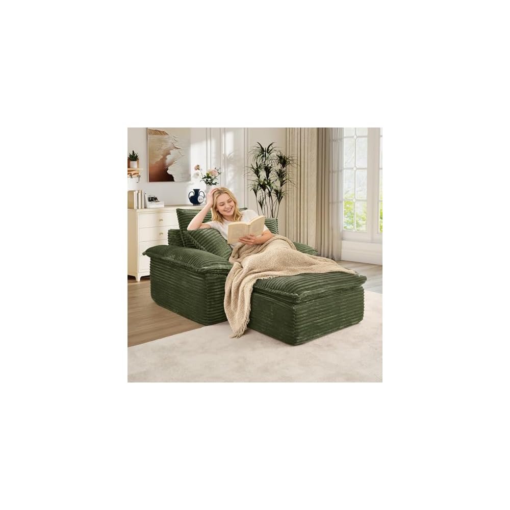 Oversized Chaise Lounge Chair Indoor with Ottoman, Upholstered Corduroy Modern Boneless Sofa Chair, Deep Seat Comfy Reading Armchair, Sleeper Sectional Couch for Living Room/Bedroom(47.6"W, Green)