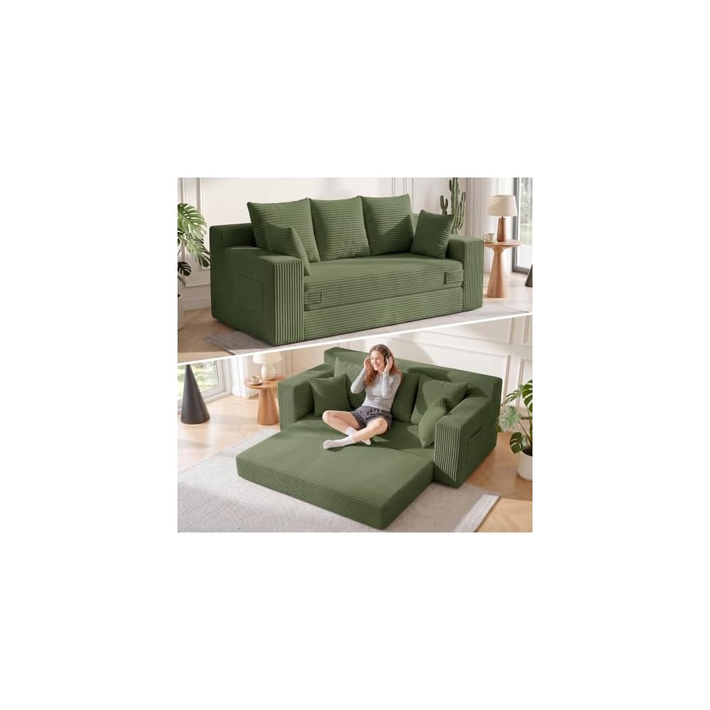 Boneless Couch for Living Room, 3 Seater Convertible Sofa Bed in A Box, Folding Pull Out Couch with Comfy Corduroy, Loveseat Sleeper Floor Sofa with 5 Pillows, No Assembly Required, Green